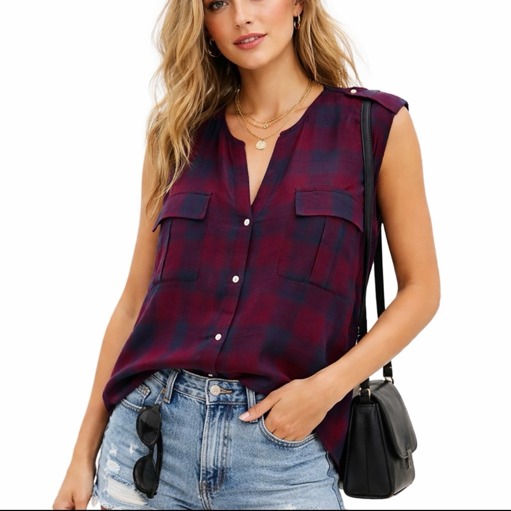 H&M BURGUNDY RED NAVY BLUE PLAID SLEEVELESS CAMP BLOUSE 14